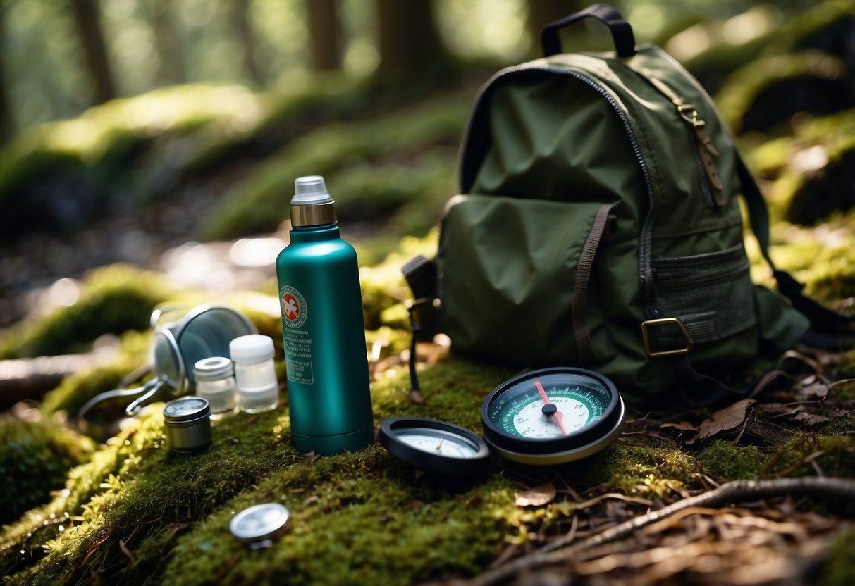 A compass, map, and whistle laid out on a mossy forest floor. A backpack with water bottle and first aid kit nearby. Sunlight filters through the dense canopy above