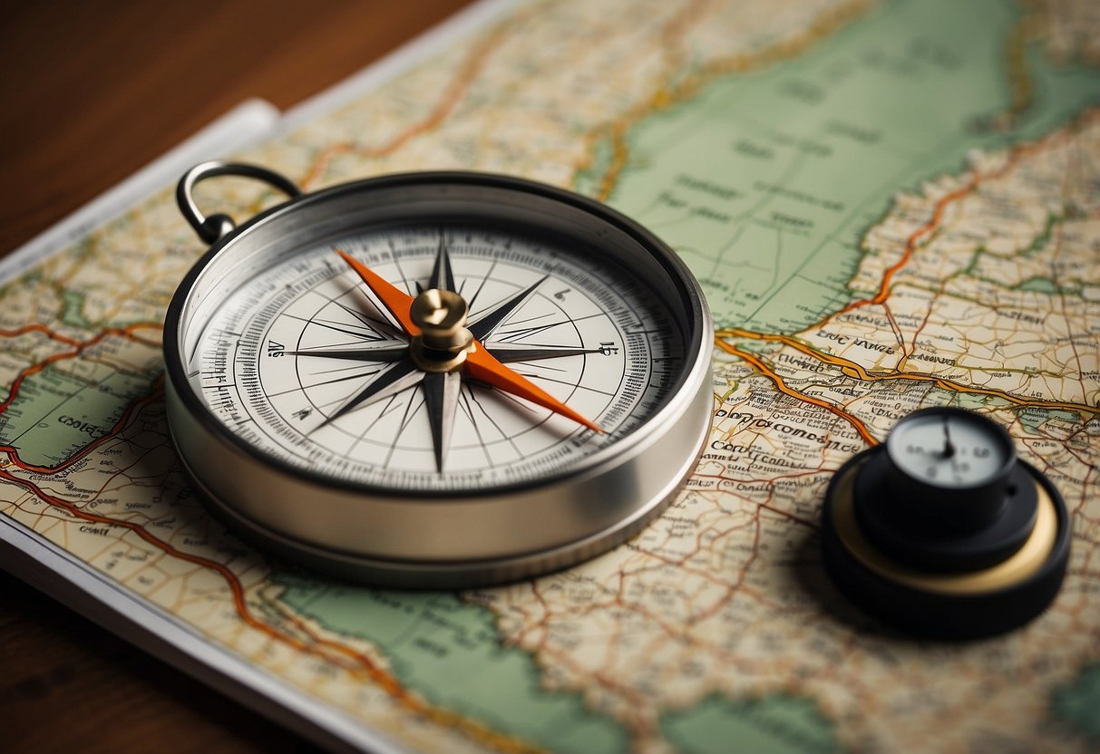 A compass and topographic map lay on a flat surface. The compass needle points north and the map shows contour lines and landmarks