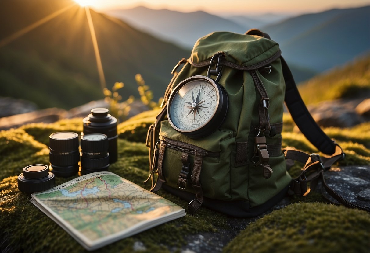 A map, compass, and whistle lay on a mossy rock. A backpack sits nearby. The sun sets behind distant mountains