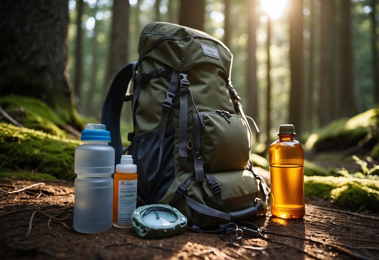 A backpack filled with a map, compass, first aid kit, and water bottle sits next to a pair of sturdy hiking boots and a whistle. The sun is shining through the trees in a dense forest