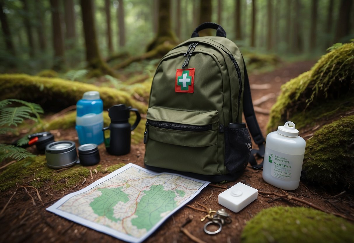 A backpack with a first aid kit, compass, map, and whistle laid out on a forest floor. A solo orienteer navigating through dense trees with a watchful eye on the surroundings