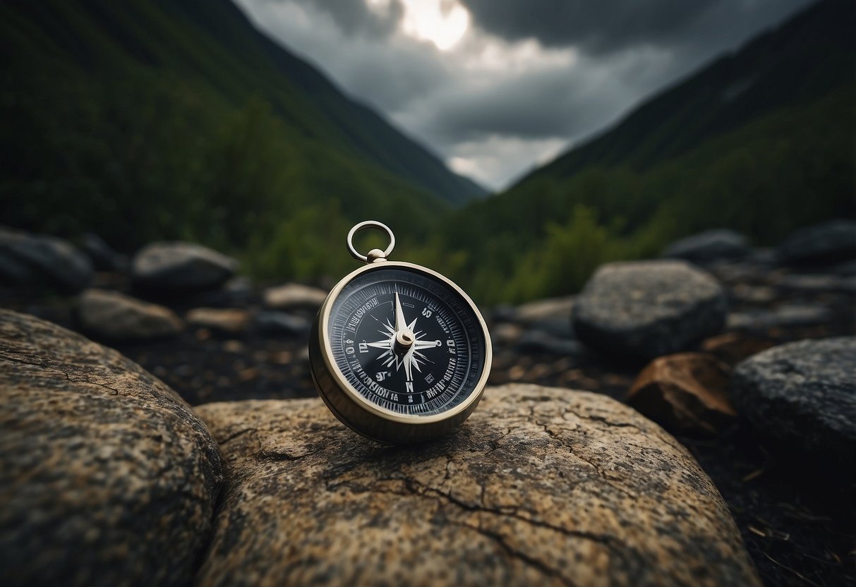 A compass, map, and flashlight lay on a rocky trail. Dark clouds loom overhead as trees sway in the wind. A sign warns of dangerous conditions