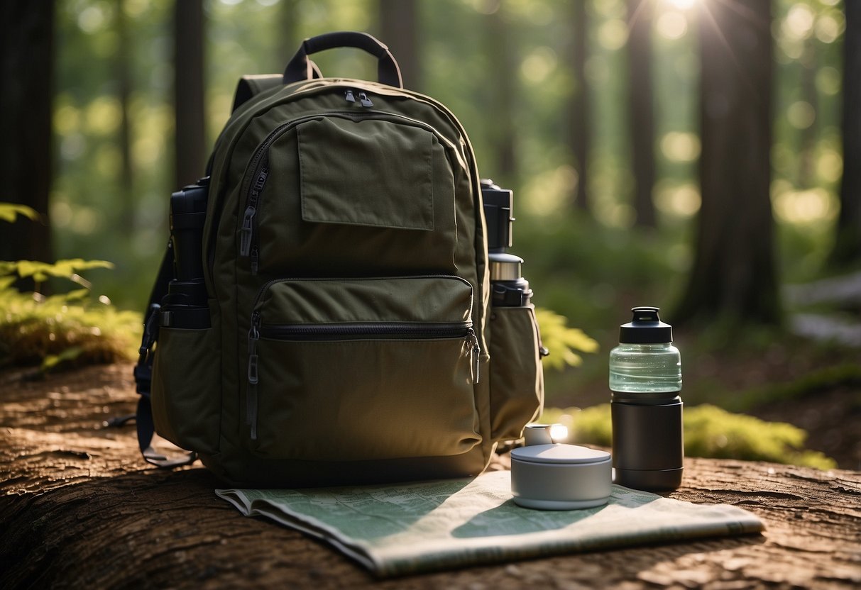 A backpack with water bottles and snacks sits next to a map and compass on a forest trail. The sun shines through the trees, casting dappled shadows on the ground