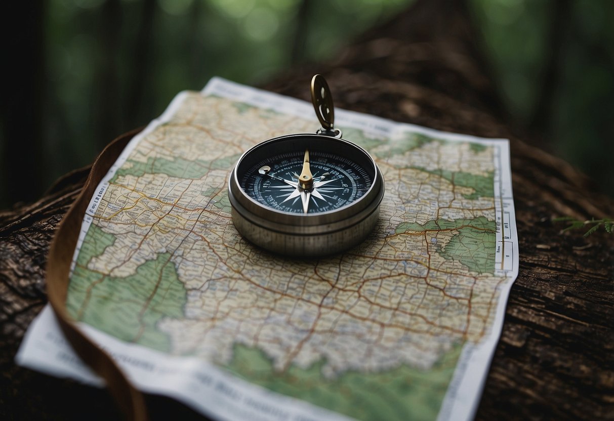 A solo orienteer stands at a trail junction, map in hand, surrounded by dense forest. A compass dangles from their neck as they scan the area for the safest route