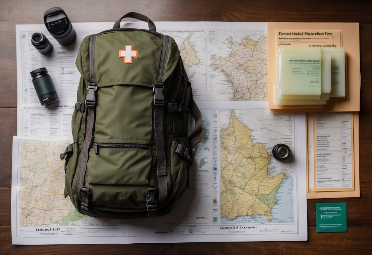 A backpack with a map, compass, and first aid kit laid out on a table next to a checklist of safety tips for solo orienteering