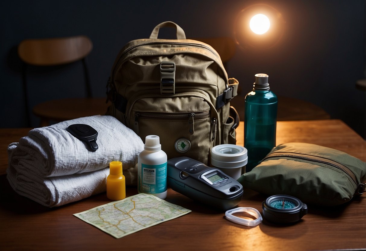 A backpack with a compass, map, and first aid kit laid out on a table, surrounded by a flashlight, whistle, and emergency blanket