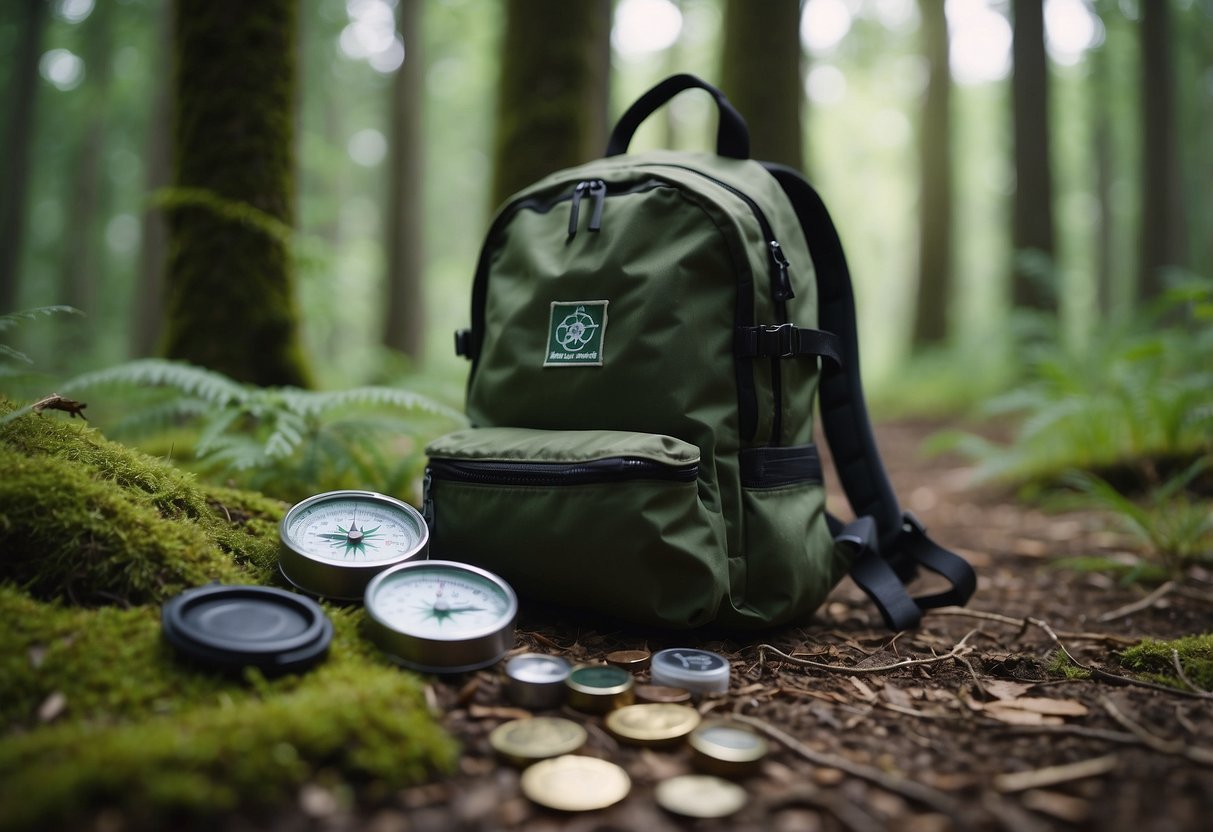 A compass, map, and first aid kit lay on a forest floor. A backpack is open, revealing emergency supplies. A solo hiker navigates through dense trees