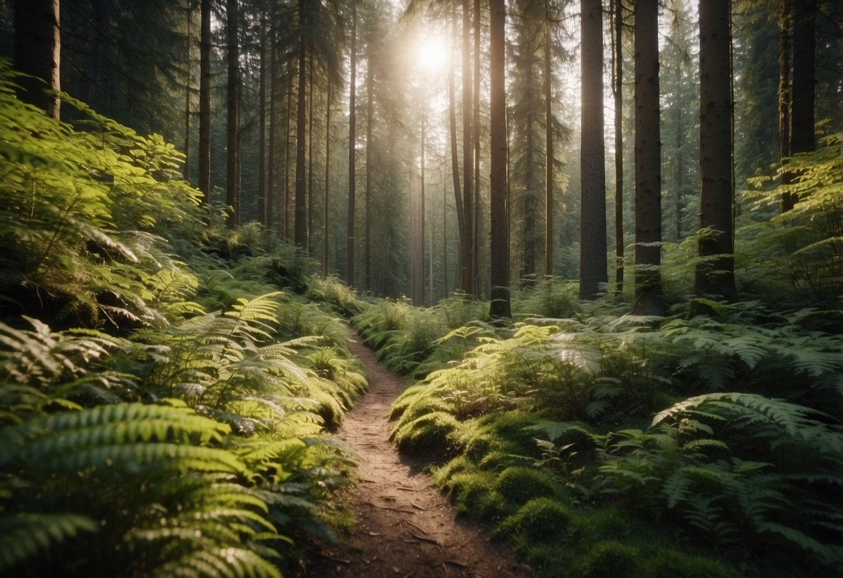 A lush forest with clear trails and markers, leading to scenic viewpoints and beginner-friendly terrain, perfect for orienteering