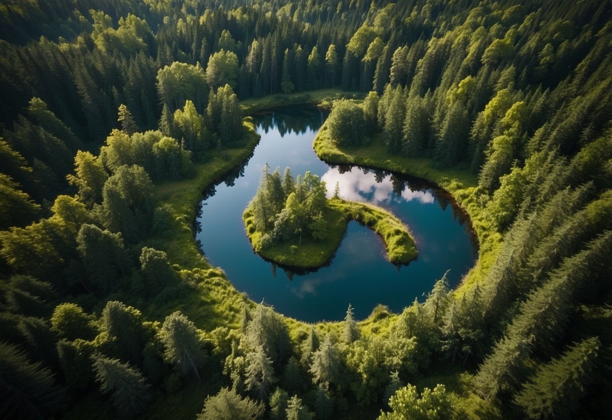 A lush forest with winding trails and clearings, bordered by lakes and rolling hills. Map markers and compasses scattered throughout