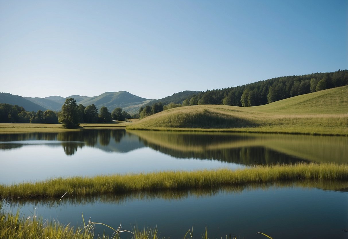 A serene lake surrounded by rolling green hills, dotted with orienteering markers. A clear blue sky overhead, with gentle breezes rustling the tall grass