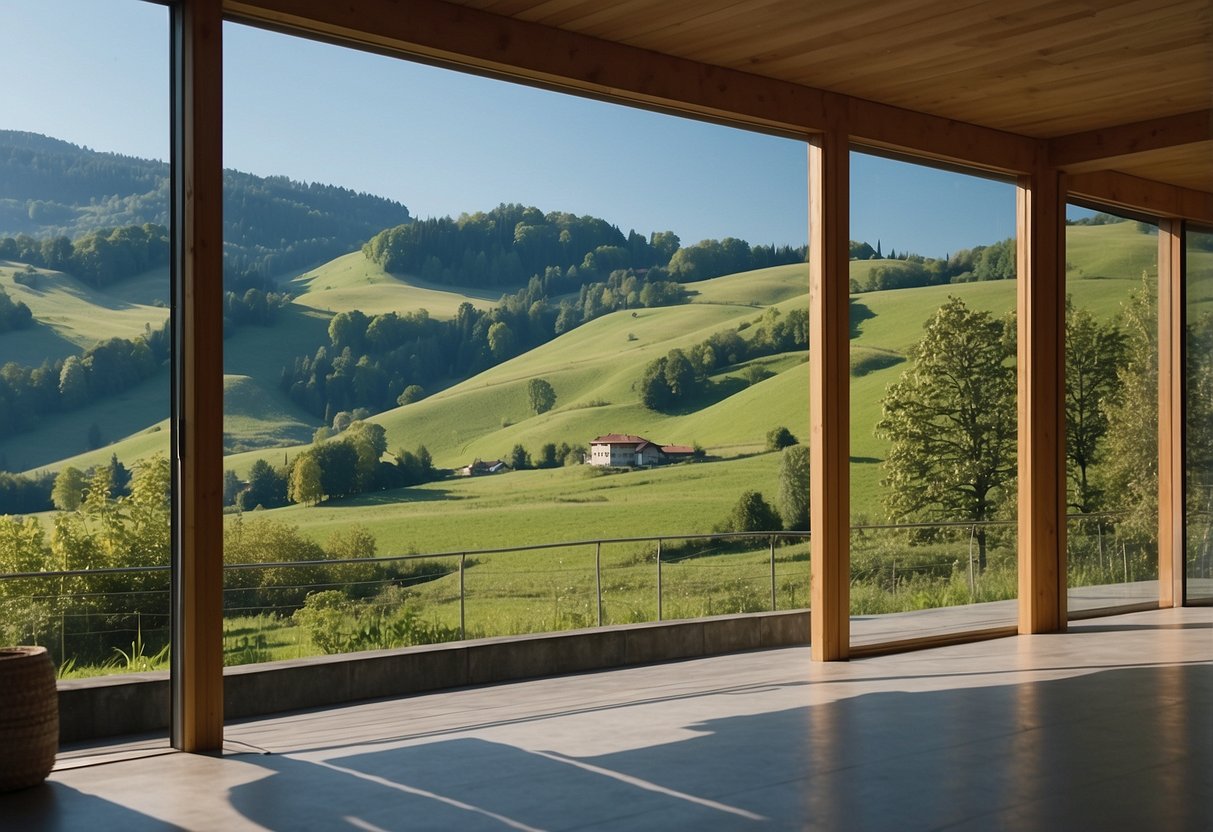 Rolling hills of Swiss Jura, dotted with lush greenery and winding paths. A clear blue sky overhead and a gentle breeze in the air