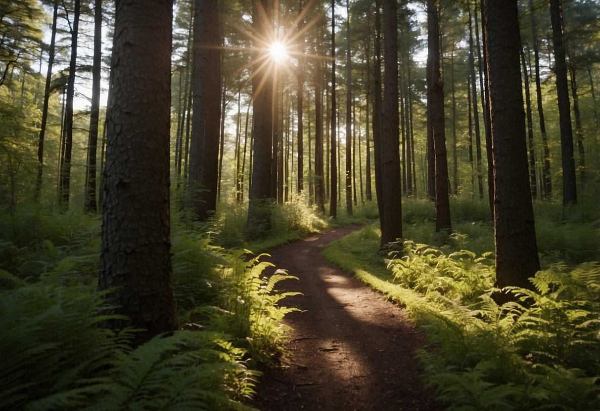 Sunlight filters through tall trees onto a winding trail. Map and compass in hand, a beginner orienteer navigates through the lush Chequamegon-Nicolet National Forest