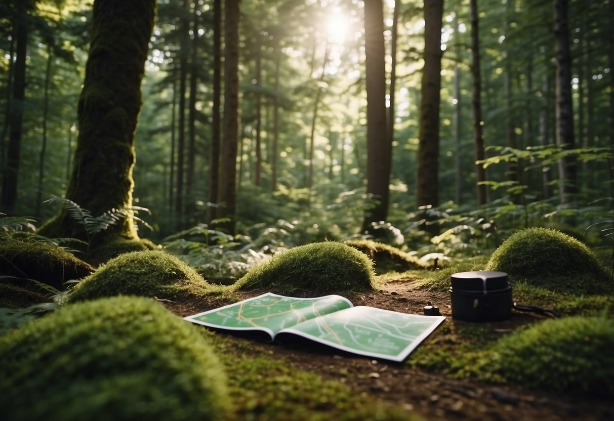 A lush forest with winding trails, clearings, and markers. A map and compass lay on the ground, surrounded by trees and wildlife