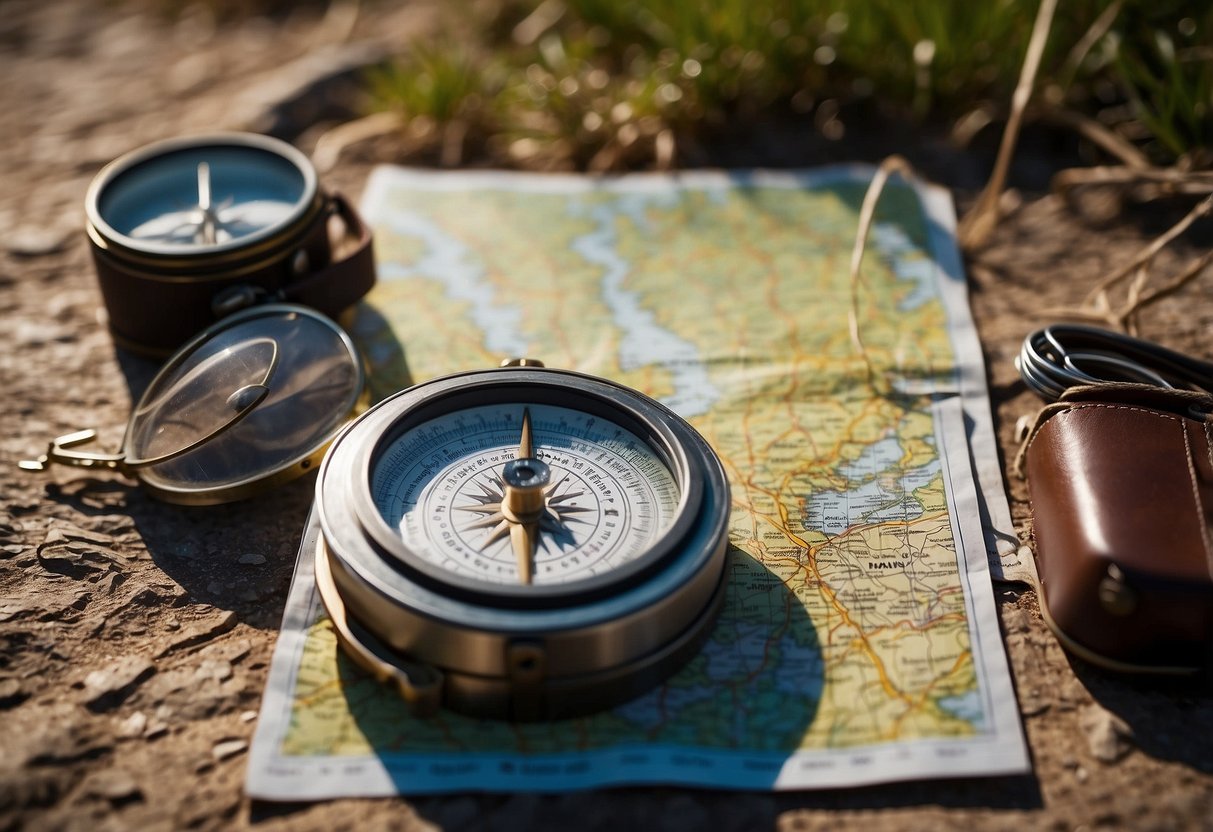 A table with a compass, map, and orienteering equipment. Background shows beginner-friendly orienteering destinations