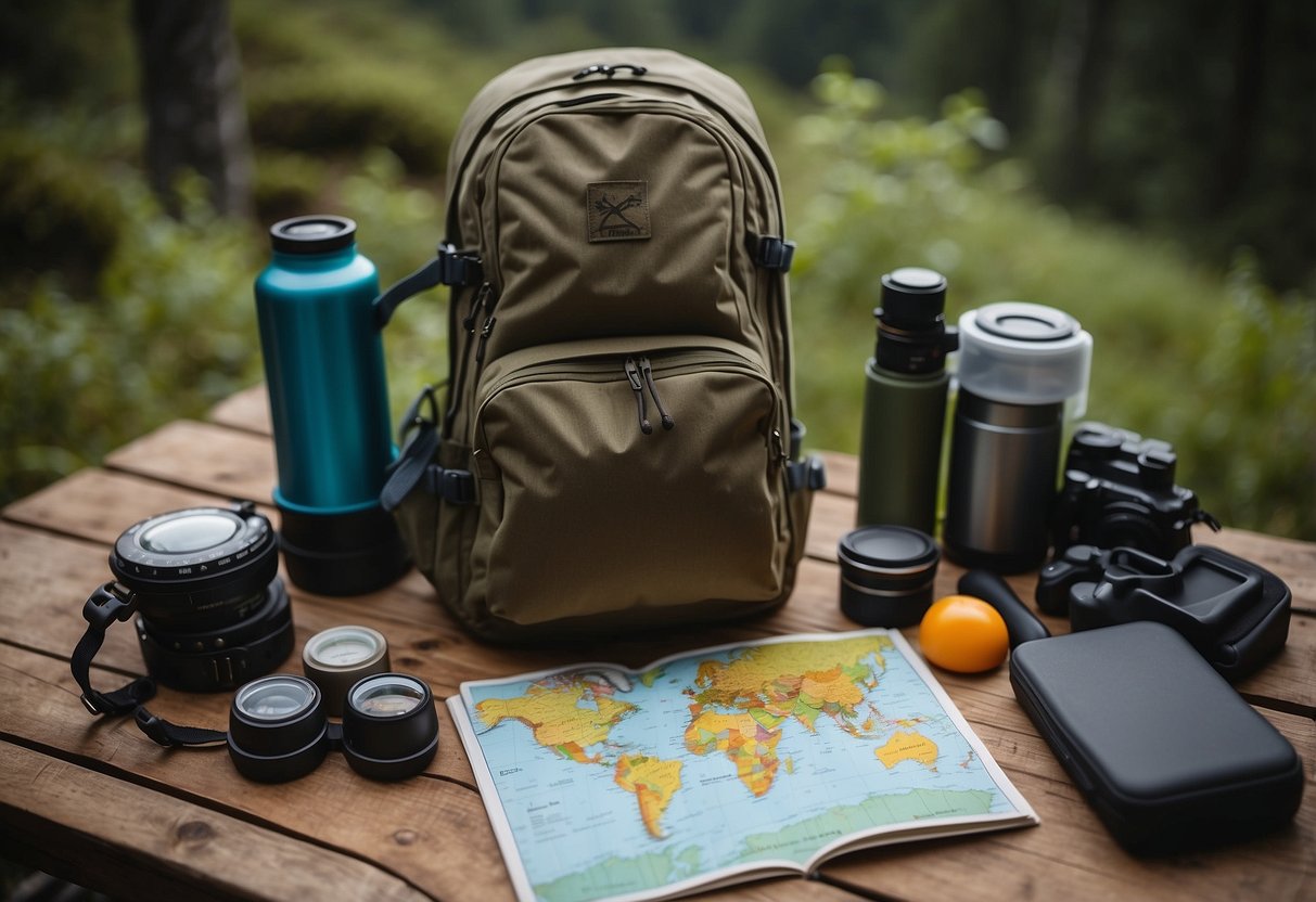 A map, compass, and backpack lay on a table surrounded by hiking gear and food supplies. A trail guidebook is open, and a checklist of essential items is visible