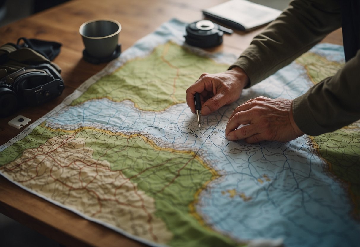 A person unfolds a topographic map on a table, surrounded by hiking gear and a compass. The map shows a rugged landscape with contour lines and marked trails