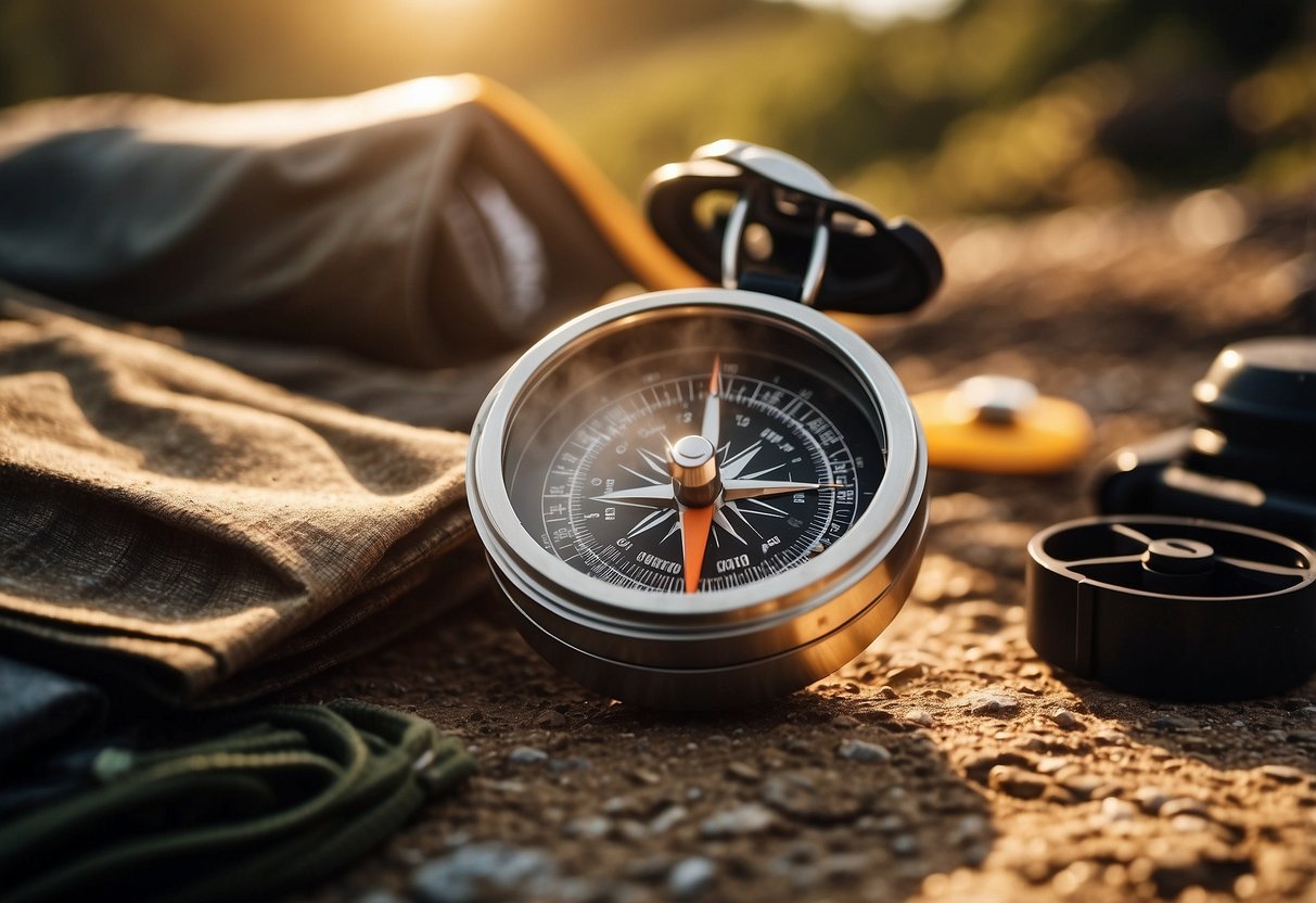 A compass resting on a map, surrounded by camping gear and supplies. The sun setting in the background as the scene is set for a multi-day orienteering trip