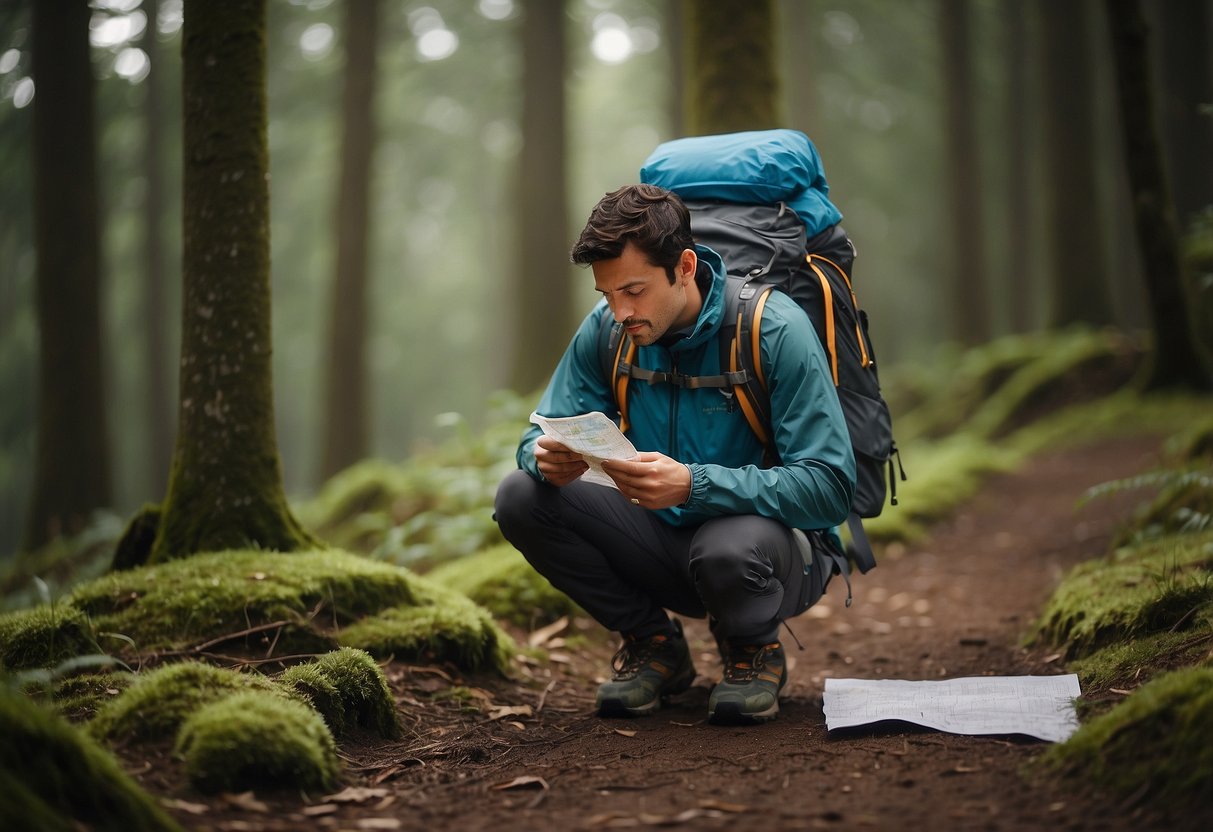 A person in moisture-wicking clothing prepares for a multi-day orienteering trip. They pack a backpack and study a map