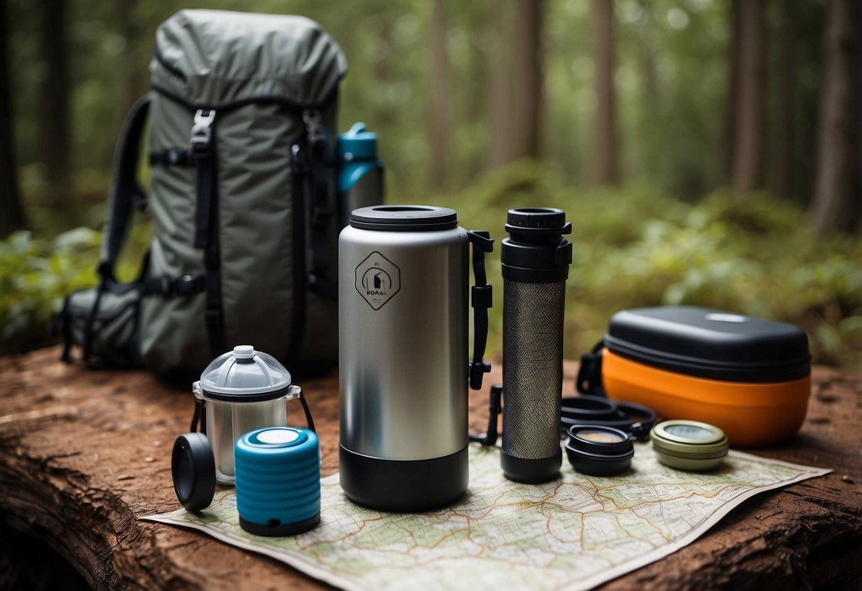 A portable water filter sits next to a map, compass, and backpack. Surrounding it are various camping supplies and gear