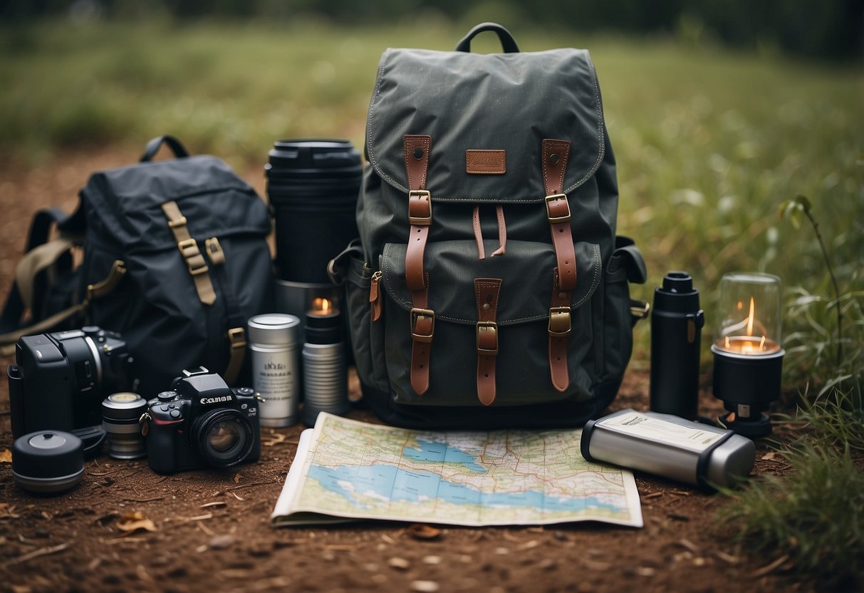 A sturdy, weatherproof backpack sits open on the ground, surrounded by a map, compass, and camping gear