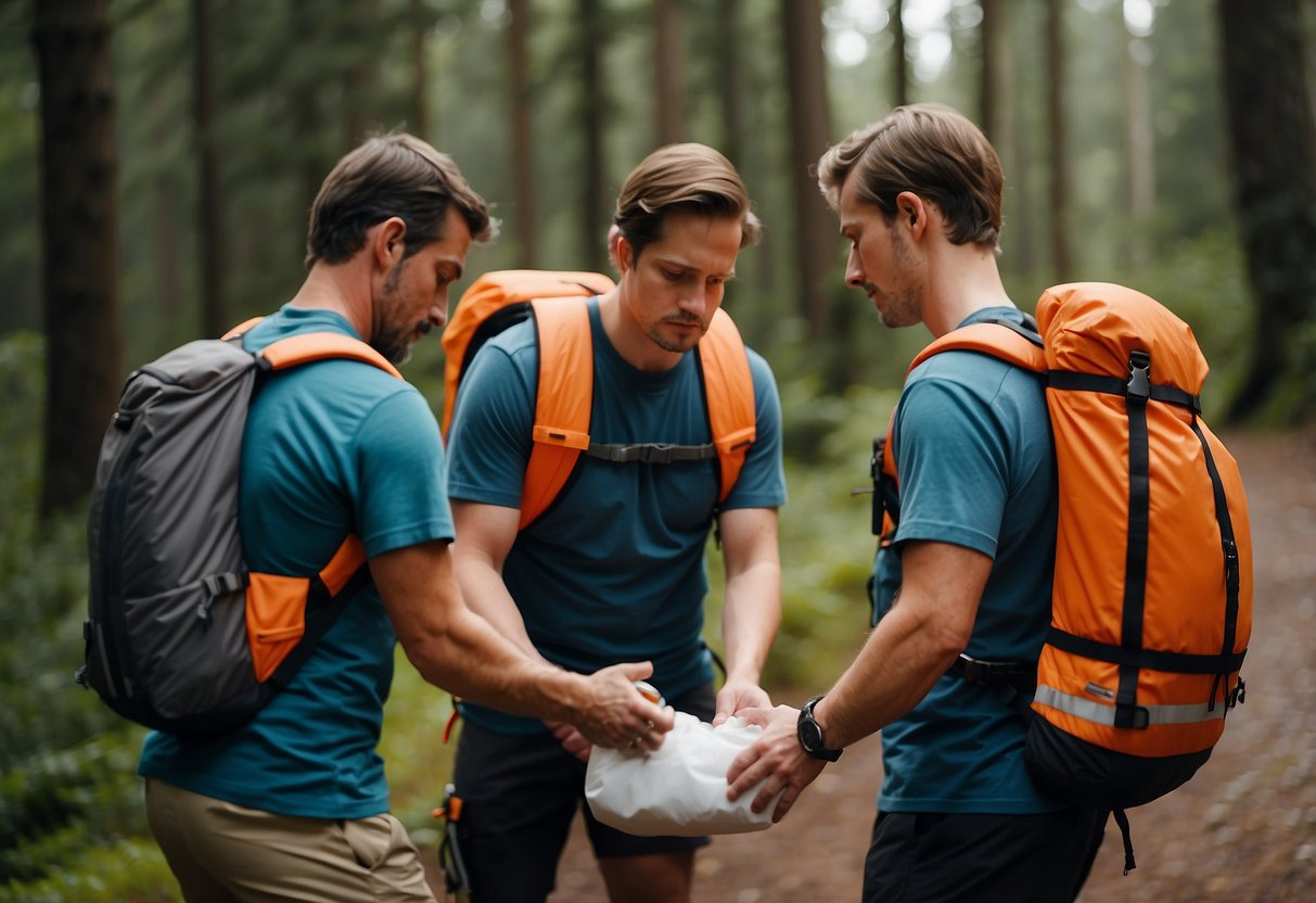 A group of hikers practice first aid skills before embarking on a multi-day orienteering trip. They review emergency procedures and pack medical supplies