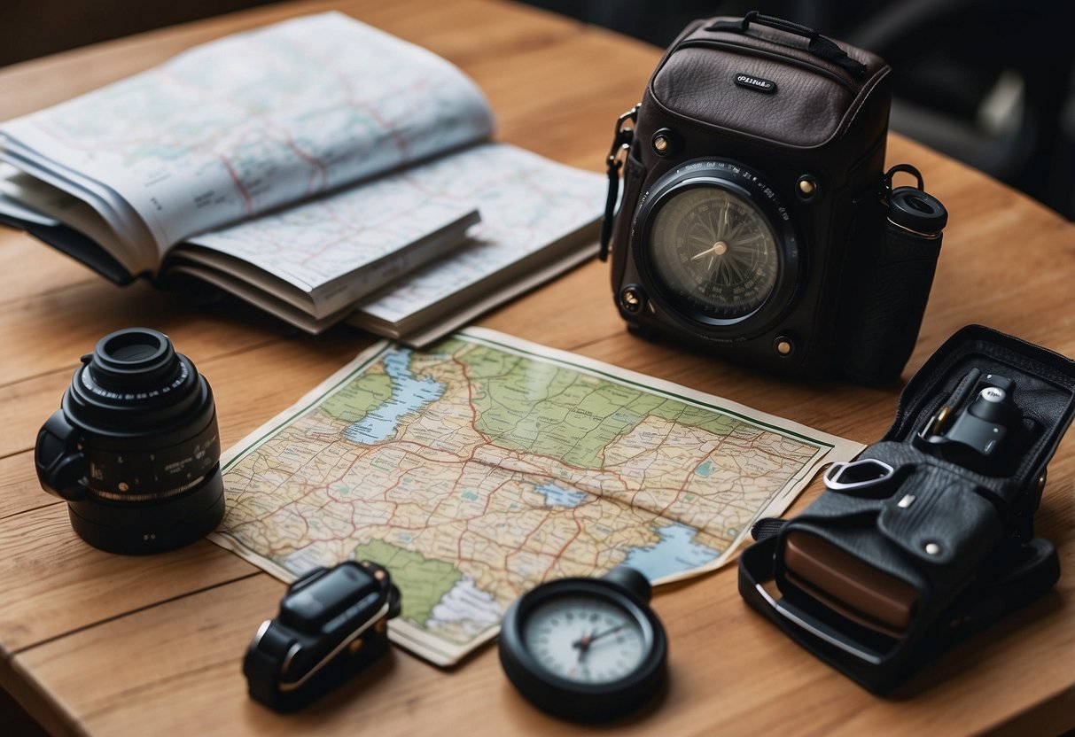 A map spread out on a table, surrounded by compass, GPS, and hiking gear. A notebook with detailed route plans and a checklist of supplies