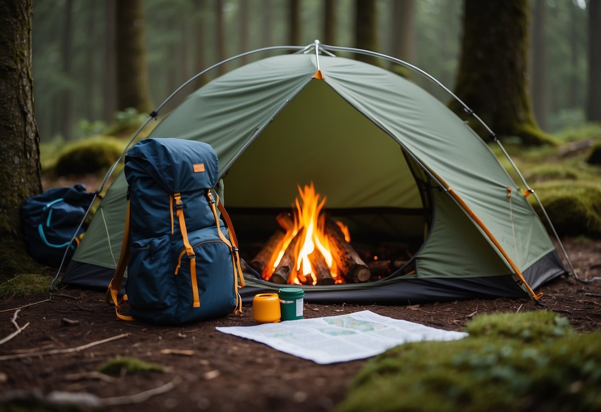 A tent pitched in a clearing surrounded by trees, with a map, compass, and backpack laid out nearby. A campfire ring and cooking supplies set up for a multi-day orienteering trip