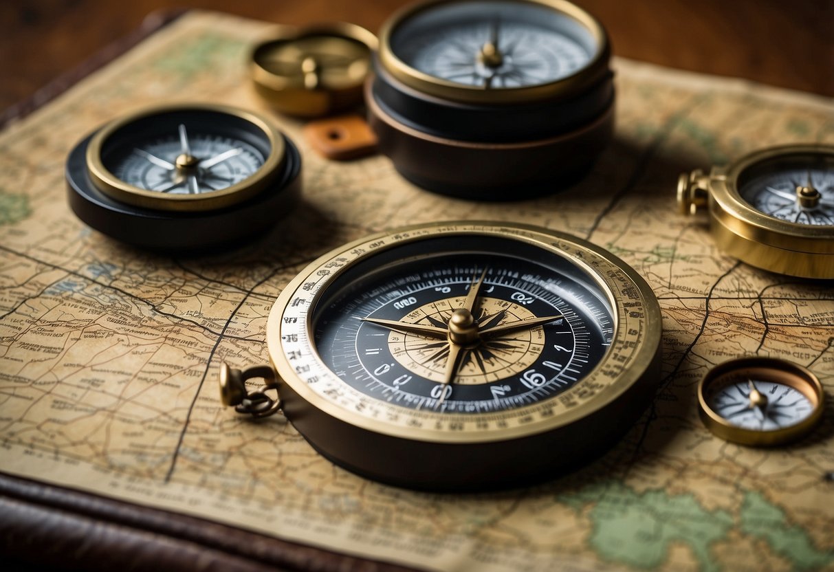 A table with 5 different compasses laid out, each with a unique design and features. The compasses are surrounded by maps, a ruler, and other orienteering tools