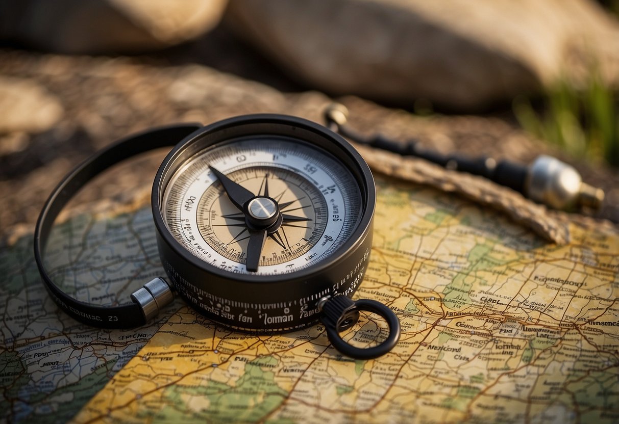 A Cammenga 27CS Lensatic Compass sits on a map, surrounded by orienteering gear. The needle points north, with a clear, easy-to-read dial