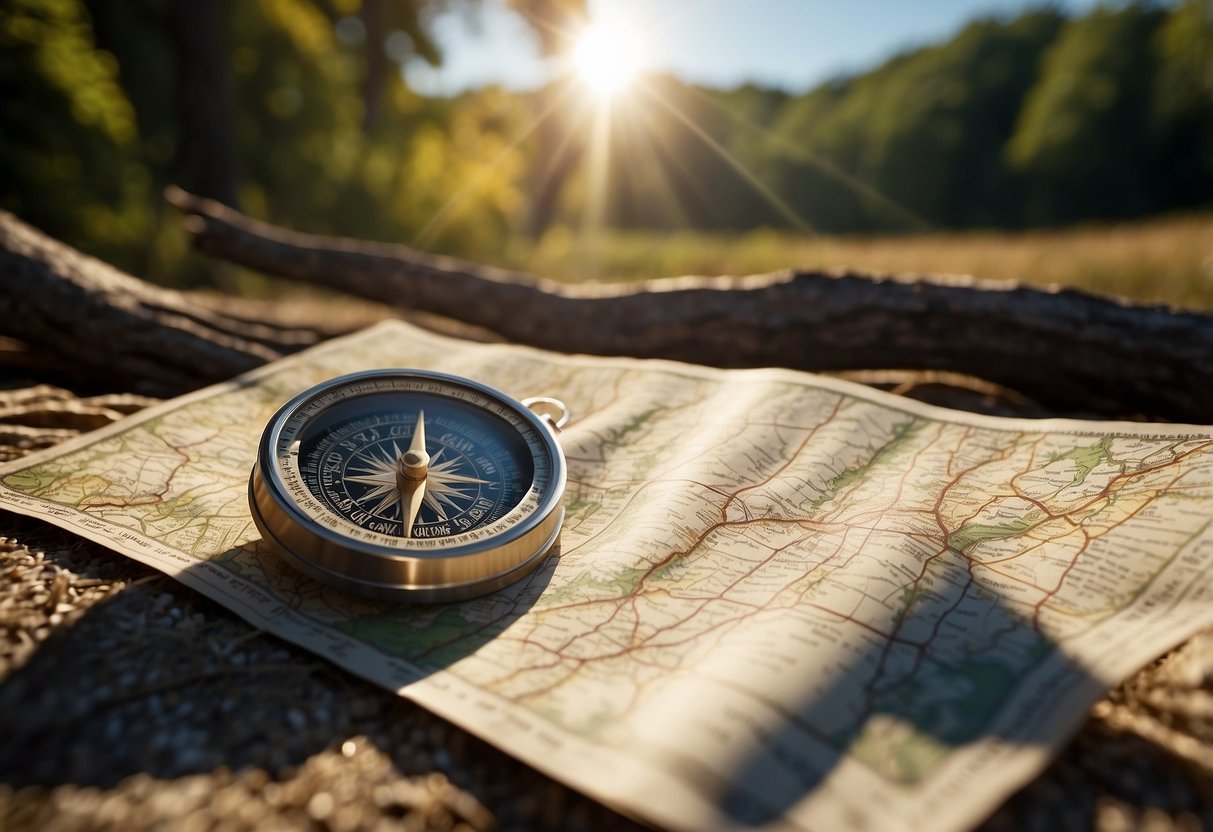 A compass resting on a map, surrounded by trees and a clear trail, with the sun casting shadows in the late afternoon