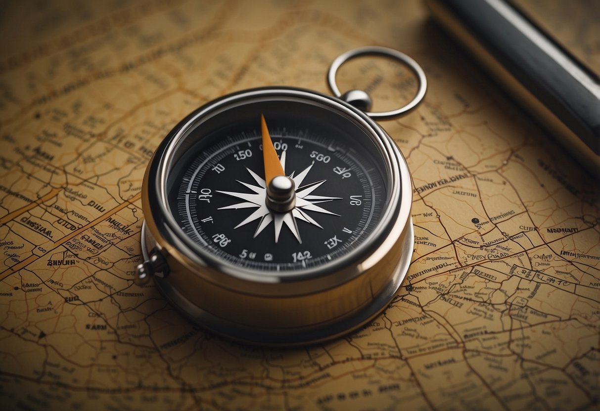 A compass resting on a flat surface, surrounded by a map, pencil, and ruler. The needle points north, while the dial is being adjusted with a small screwdriver