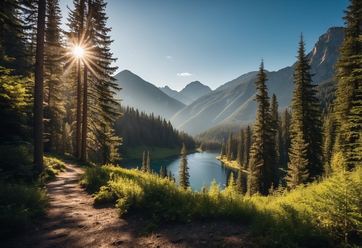 A lush forest with winding paths, a clear blue lake, and towering mountains in the background. The sun shines down, casting dappled shadows on the ground