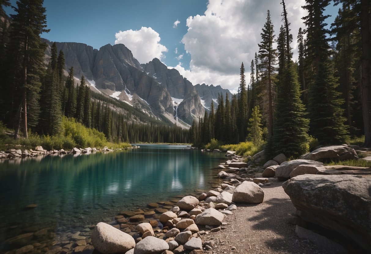 The Rocky Mountains rise majestically, with snow-capped peaks and rugged terrain. A winding trail leads through lush forests and past crystal-clear lakes, offering breathtaking views of the surrounding landscape