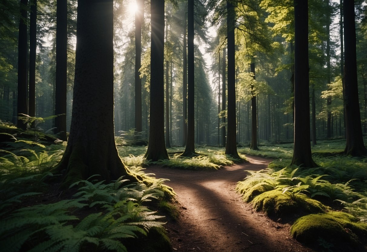 A dense Black Forest with winding orienteering trails, surrounded by lush greenery and tall, ancient trees. Sunlight filters through the canopy, casting dappled shadows on the forest floor