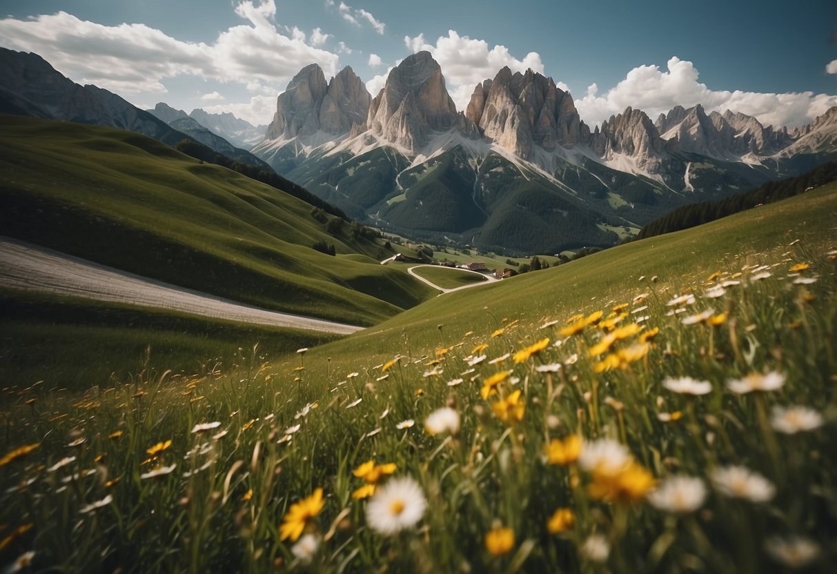 Rolling green hills dotted with vibrant wildflowers, towering limestone peaks in the distance, and winding trails leading through the breathtaking landscape of the Dolomites, Italy