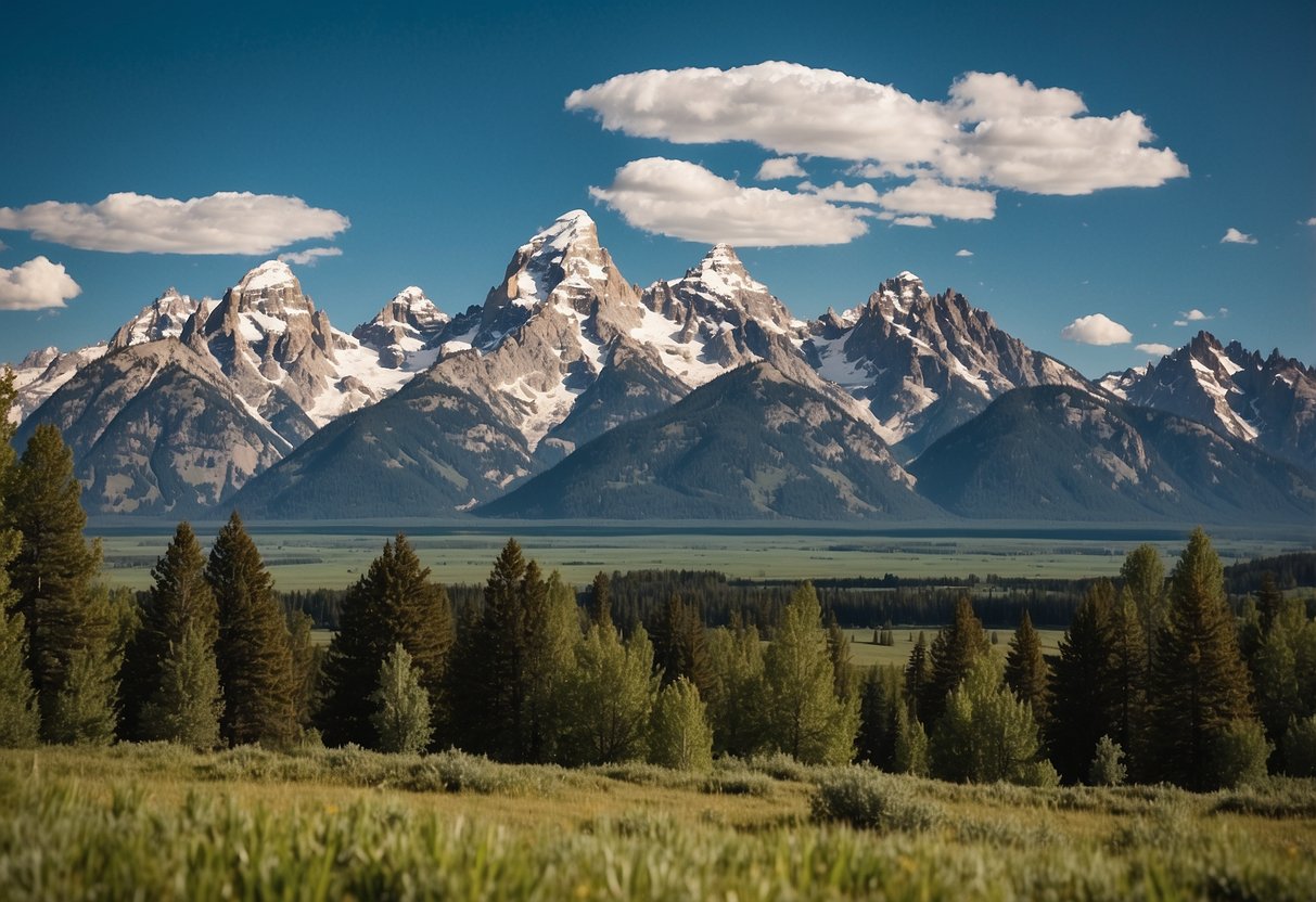 The Teton Range rises majestically against a clear blue sky, with rugged peaks and lush green valleys. Snow-capped mountains create a stunning backdrop for orienteering routes