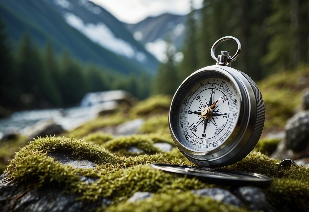 A lush forest with winding trails, a clear mountain stream, and a backdrop of snow-capped peaks. A map and compass lay on a mossy rock