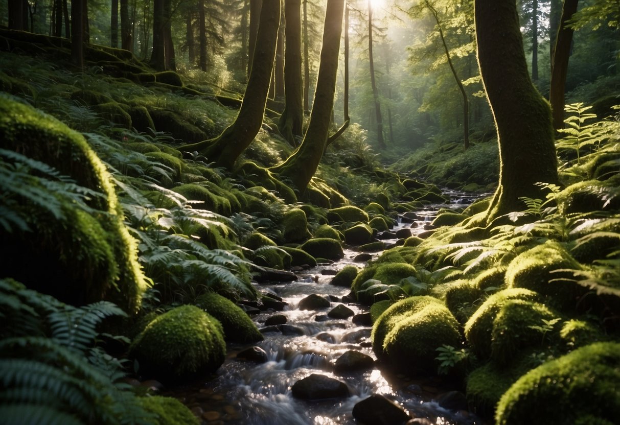 A lush forest path winds through towering trees, with a clear stream running alongside. The sunlight filters through the leaves, casting dappled shadows on the ground. A map and compass lay on a moss-covered rock, ready for adventure