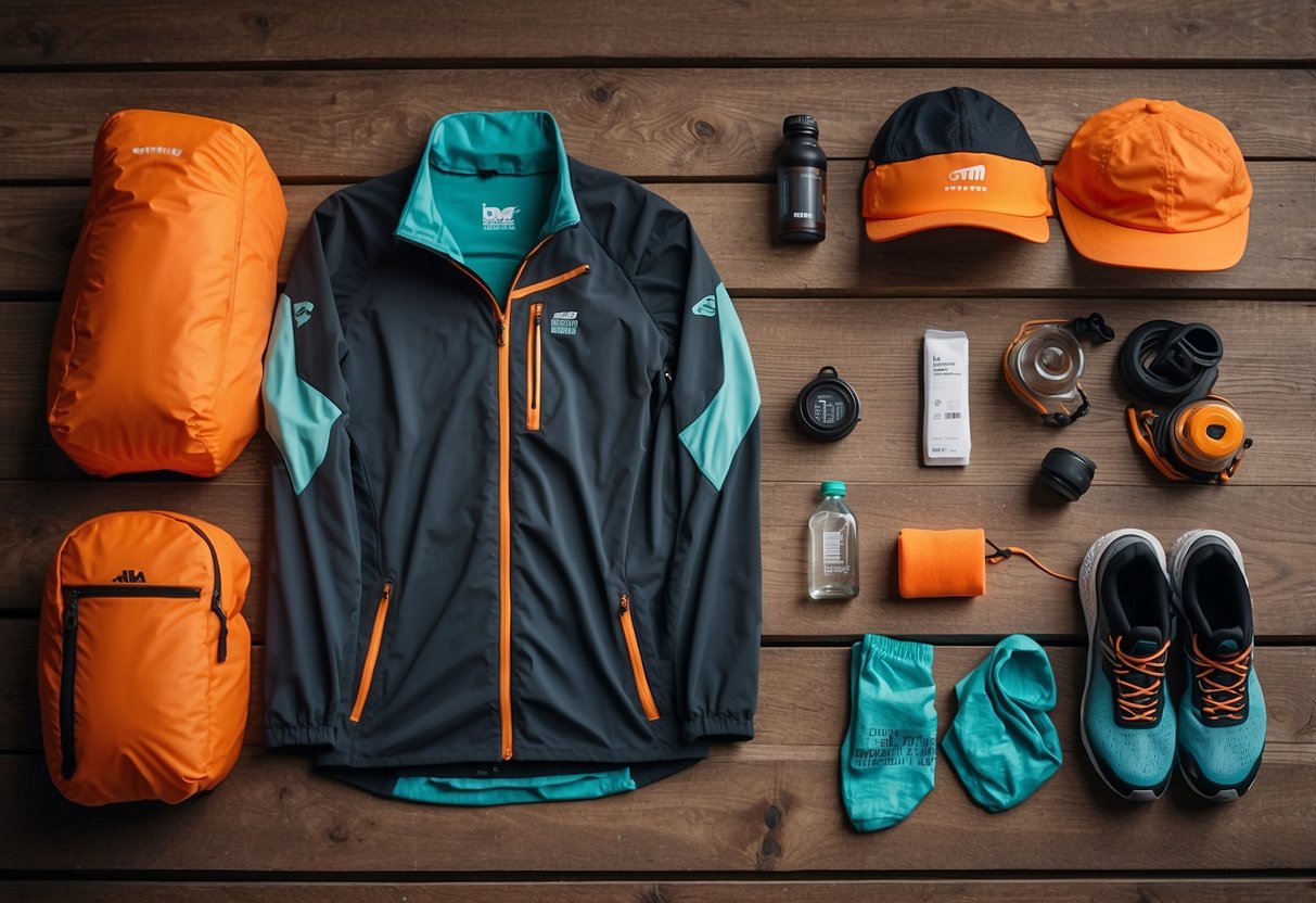 A group of lightweight orienteering apparel items laid out neatly on a table, including a breathable running shirt, quick-drying shorts, moisture-wicking socks, a compact windbreaker, and a durable hydration pack