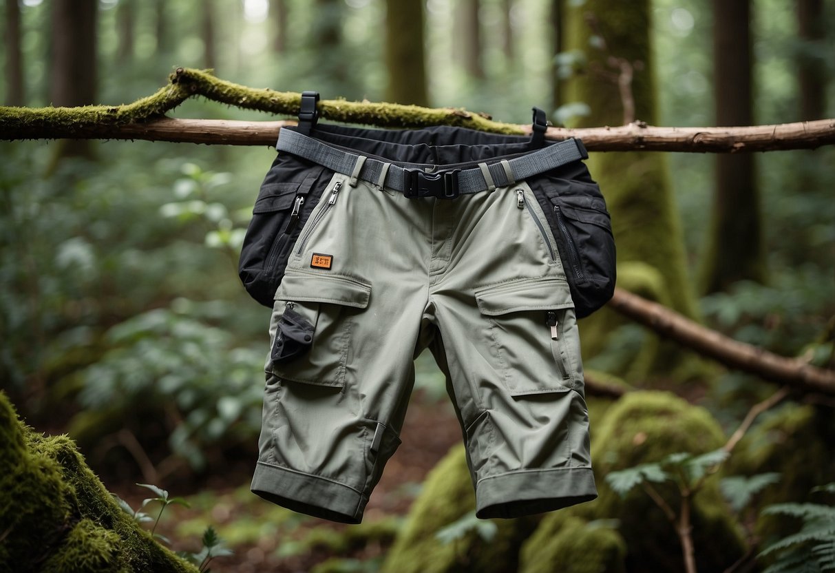 A pair of Columbia Silver Ridge Lite Pants hanging on a tree branch in a lush forest, surrounded by orienteering equipment and a map