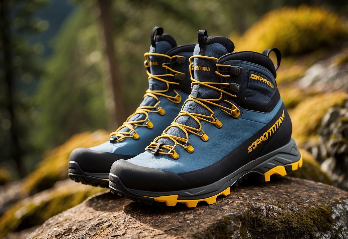 A pair of La Sportiva TX4 Mid GTX boots sits on a rocky trail, surrounded by lightweight orienteering apparel. The sun casts a warm glow on the gear, highlighting its durability and functionality