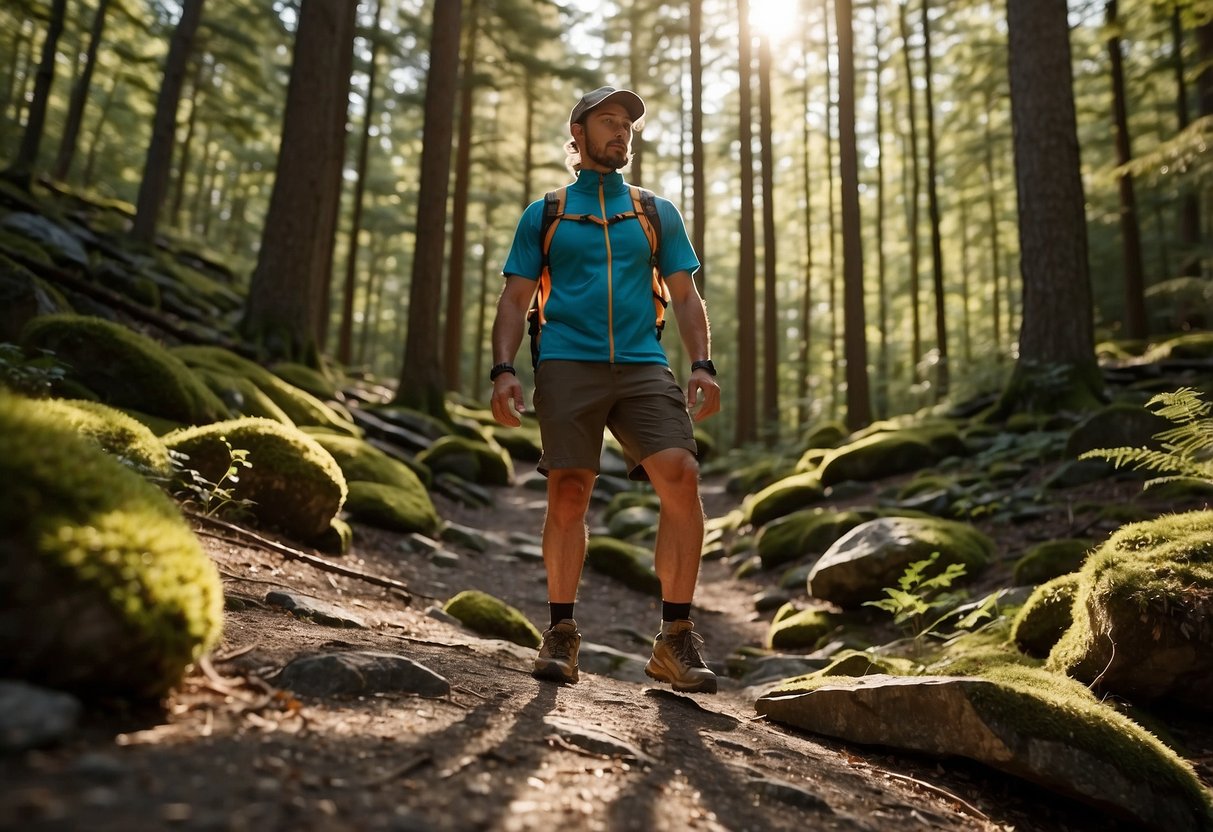 A hiker in lightweight orienteering apparel stands on a rocky trail, surrounded by dense forest. The sun shines through the trees, casting dappled shadows on the ground. The hiker's clothing is sleek and form-fitting, allowing for