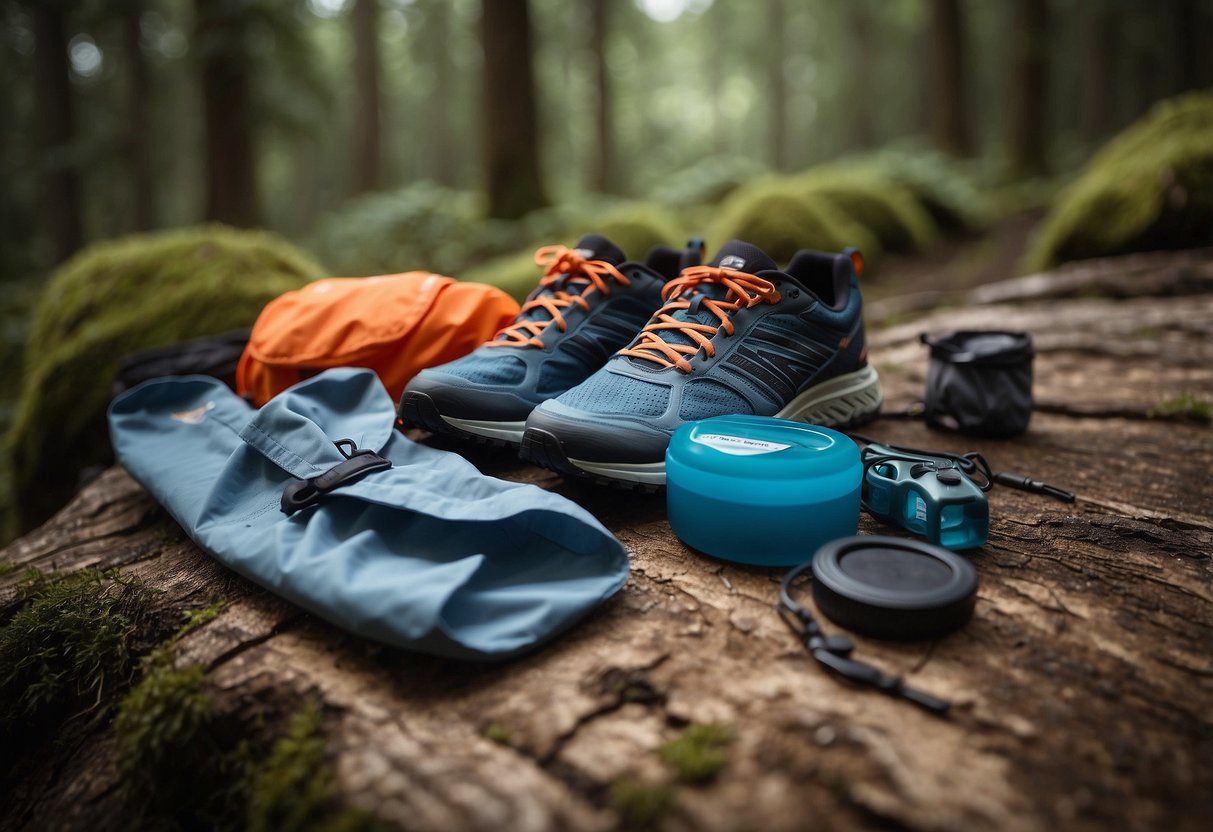 The scene shows a table with various lightweight orienteering apparel materials such as polyester, nylon, and spandex. A pair of trail running shoes and a lightweight backpack are also displayed