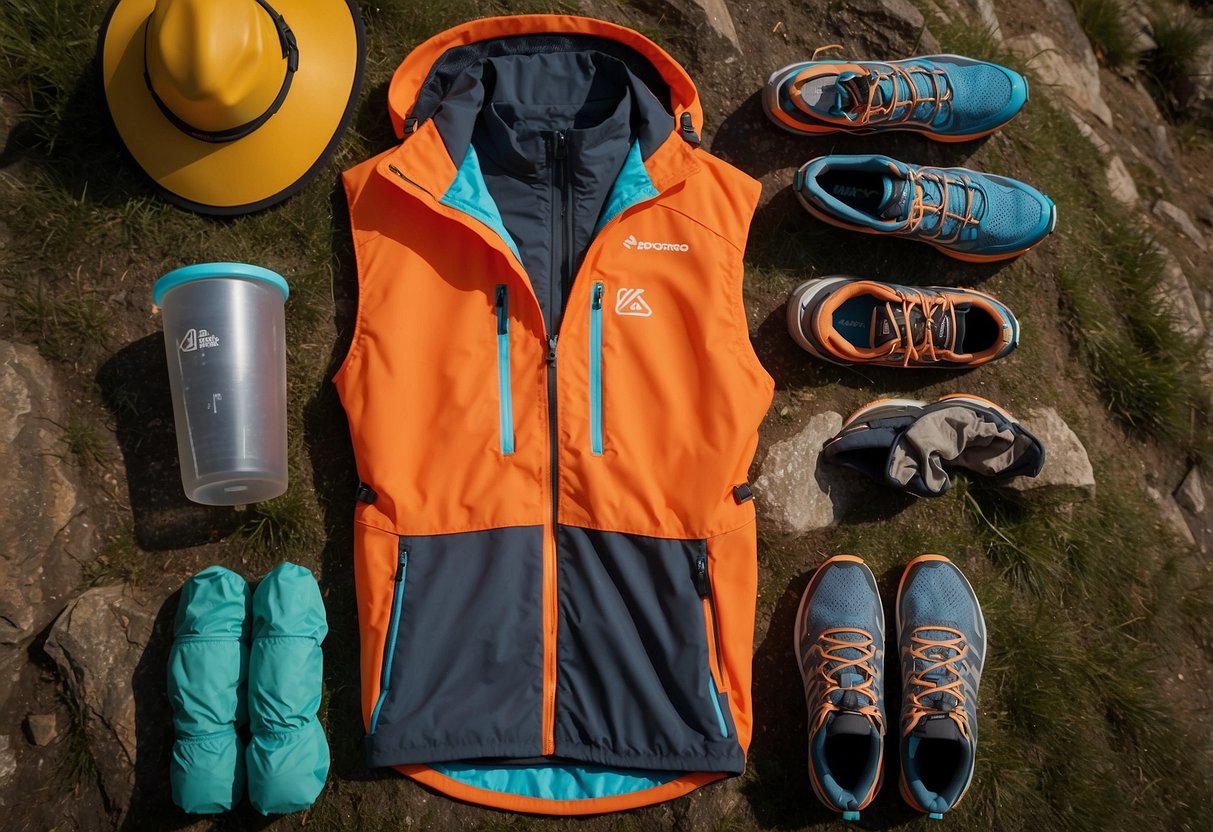 A table with a variety of lightweight orienteering apparel neatly laid out, including a compass, lightweight jacket, quick-dry shirt, breathable pants, and sturdy trail running shoes