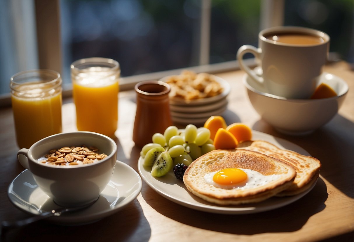 A table set with a variety of breakfast foods, including fruits, yogurt, granola, eggs, and toast. A steaming cup of coffee sits next to a plate of pancakes. Sunlight streams through a window, casting a warm glow over the