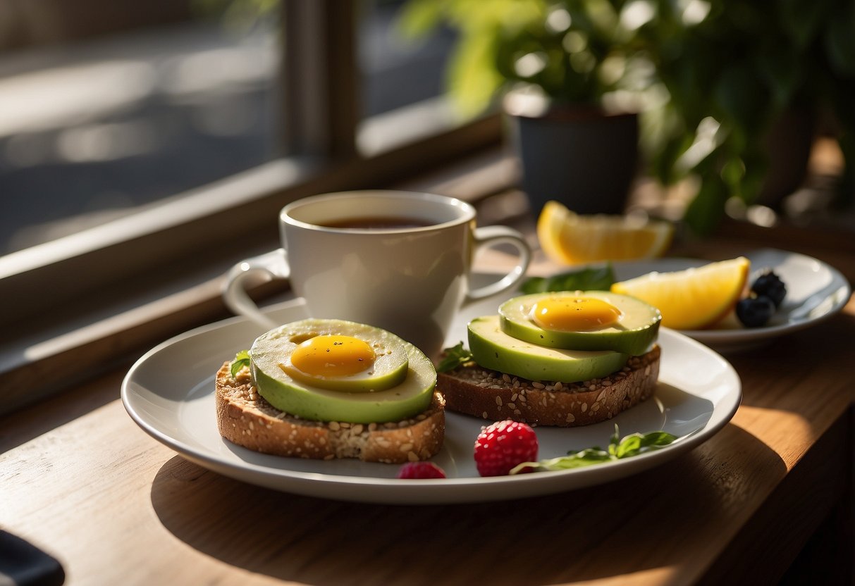 A table set with a plate of whole grain avocado toast, a cup of coffee, and a piece of fruit. Sunlight streams in through a window, casting a warm glow over the breakfast spread