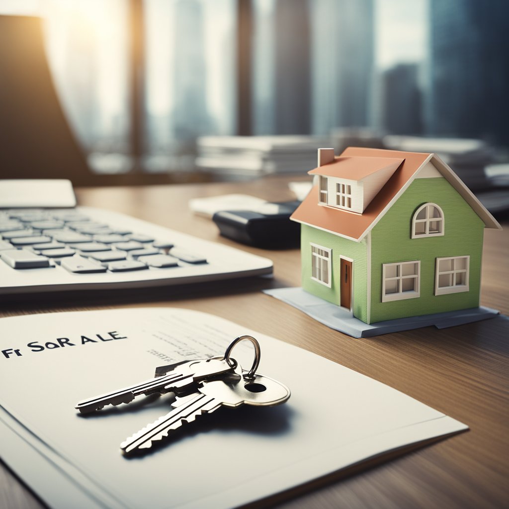 A house with a "For Sale" sign, a stack of paperwork, a bank building, and a set of keys on a table