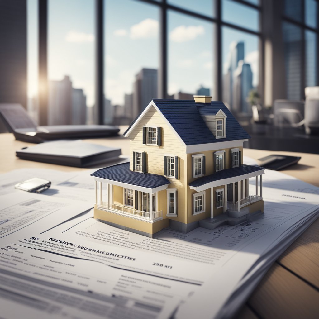 A house surrounded by financial documents and a bank building in the background, representing the concept of mortgages and their origins