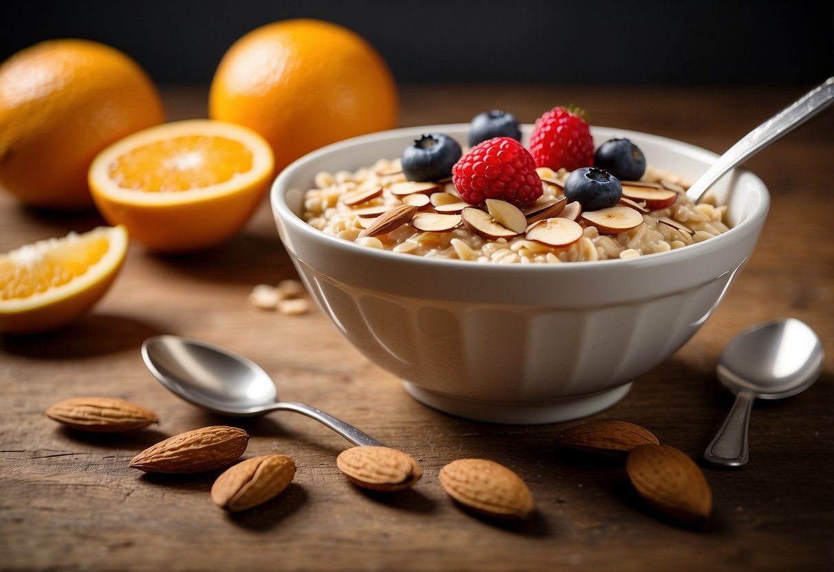 A bowl of oatmeal topped with sliced almonds and fresh berries sits on a wooden table, surrounded by a glass of orange juice and a spoon