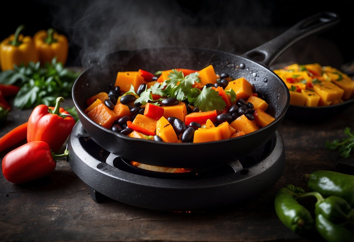 A sizzling skillet with sweet potatoes, black beans, and colorful bell peppers cooking over a hot stove, emitting a mouthwatering aroma